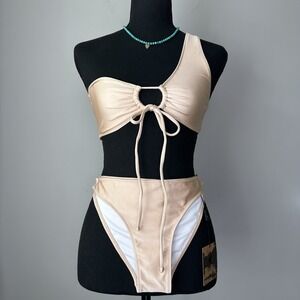 OneTeaspoon Bikini Swimsuit Womens 10 Nude One Shoulder High Waist Two Piece New